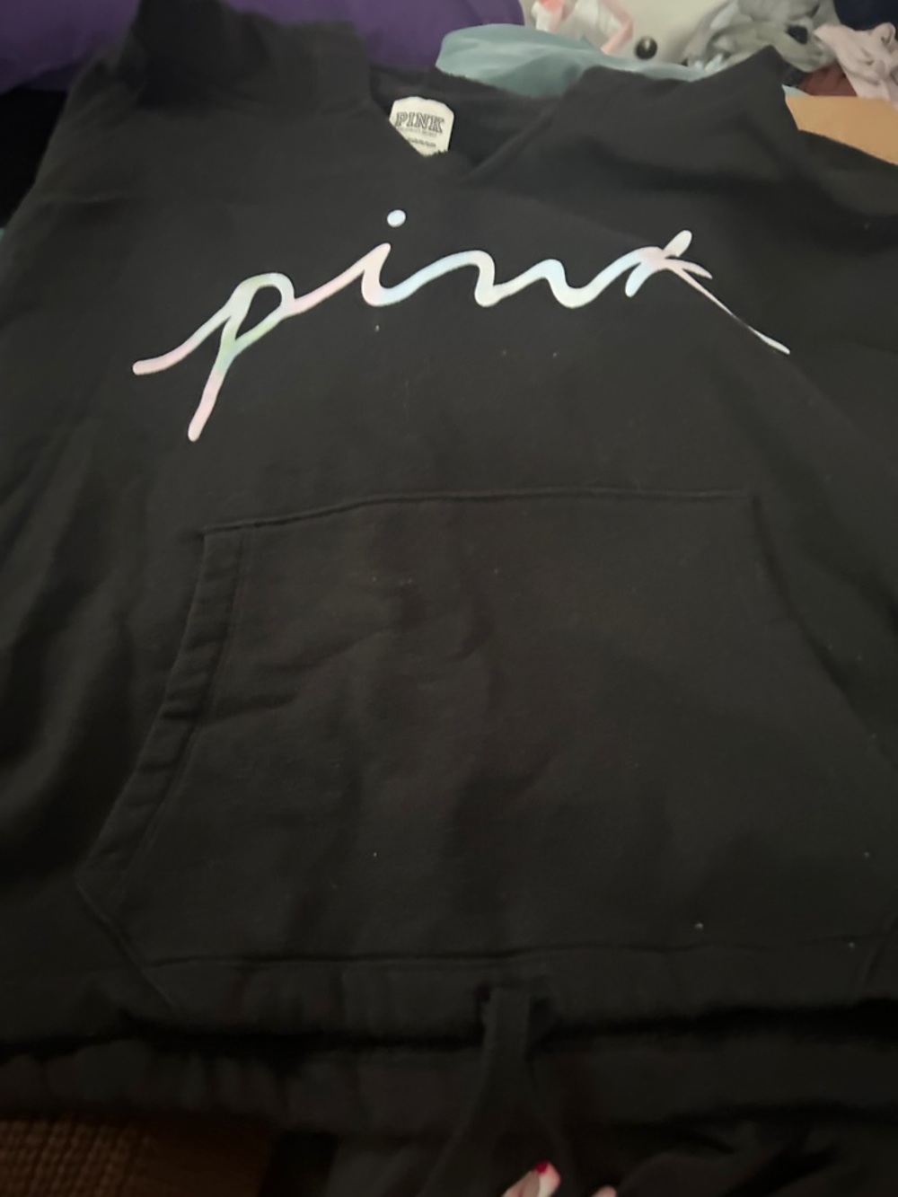 PINK Black Cropped Hoodie with Iridescent Script